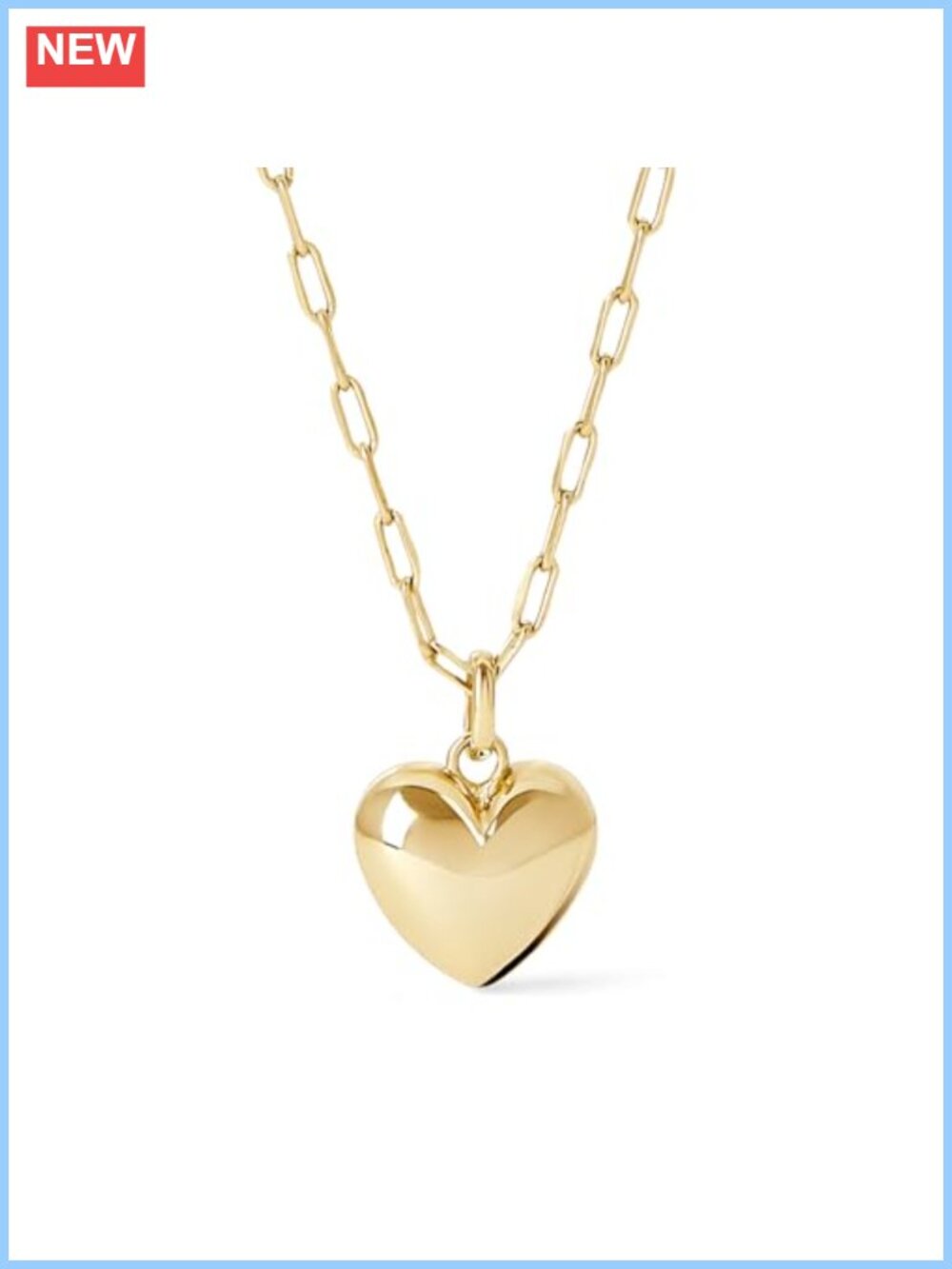 14K Gold Plated Puffed Heart Pendant Necklace Paperclip Chain